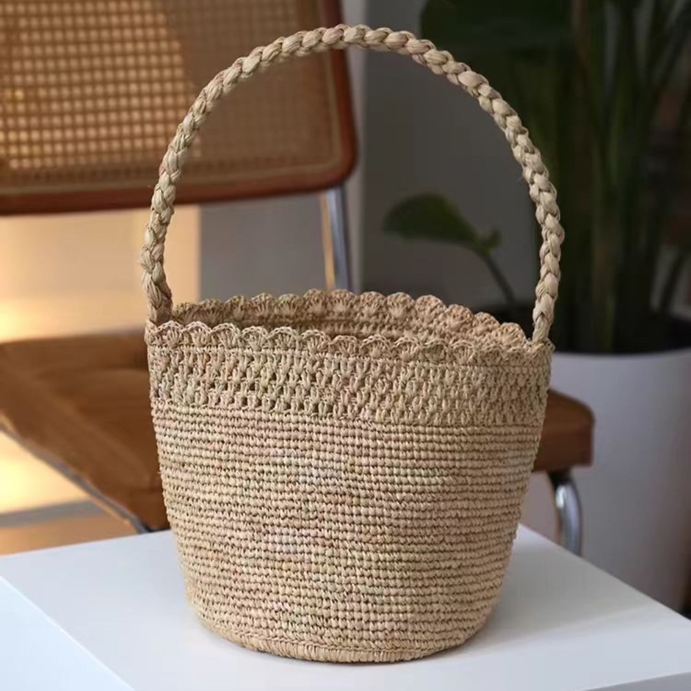 Women'S Raffia Bags - Borsa a secchiello in paglia fatta